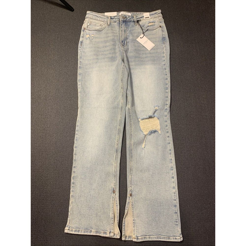 NEW JUDY BLUE ADRIAN HIGH RISE SLIT HEM STRAIGHT LEG DENIM‎ JEANS 13/31